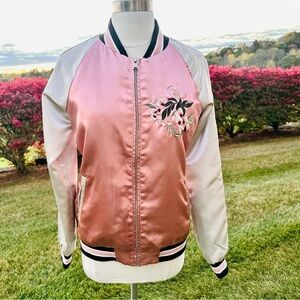 Haute Monde Floral Embroidered Pink Satin Quilted Bomber Jacket